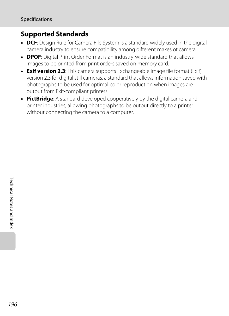 Supported standards, A 196) printer, A 196) tha | Tible, A 196) printers | Nikon S6100 User Manual | Page 208 / 216