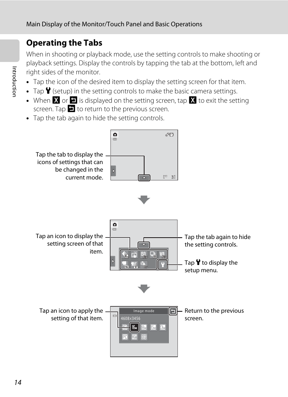 Operating the tabs, A 14) | Nikon S6100 User Manual | Page 26 / 216