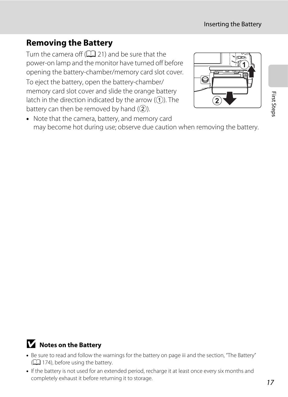 Removing the battery | Nikon S6100 User Manual | Page 29 / 216