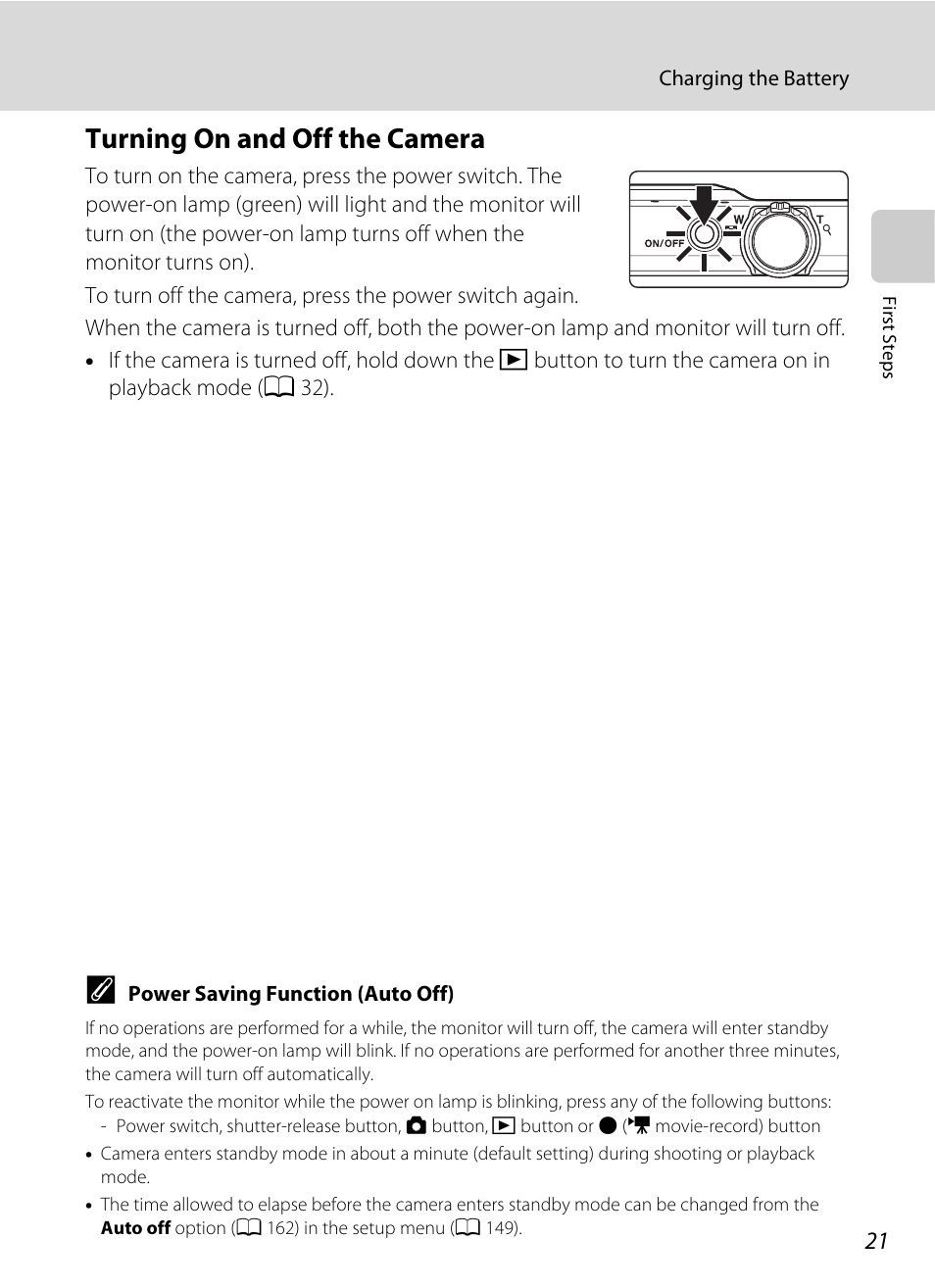 Turning on and off the camera, The camera off, A 21) and be sure | Nikon S6100 User Manual | Page 33 / 216