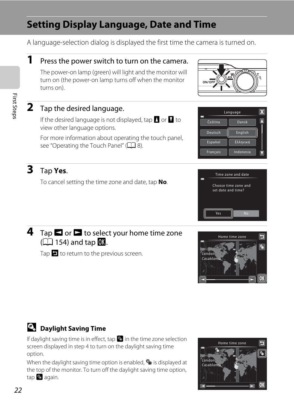 Setting display language, date and time, Press the power switch to turn on the camera, Tap the desired language | Tap yes | Nikon S6100 User Manual | Page 34 / 216