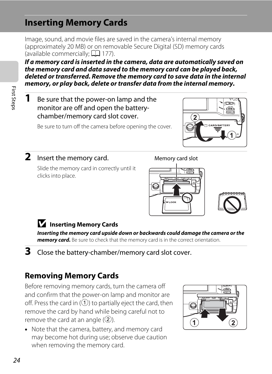 Inserting memory cards, Removing memory cards | Nikon S6100 User Manual | Page 36 / 216