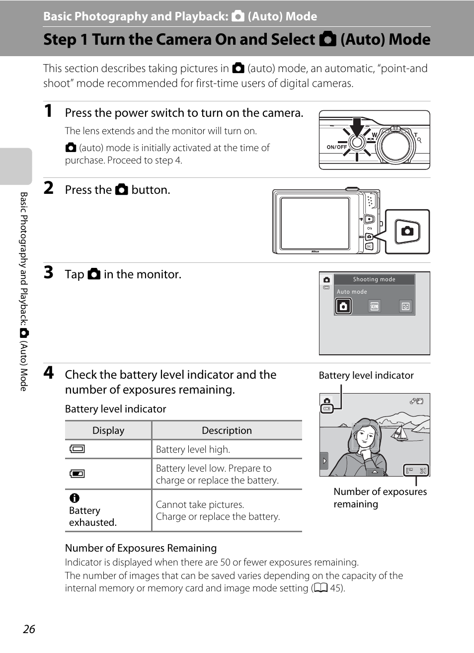 Basic photography and playback: auto mode, Step 1 turn the camera on and select auto mode, Basic photography and playback: a (auto) mode | Step 1 turn the camera on and select a (auto) mode | Nikon S6100 User Manual | Page 38 / 216