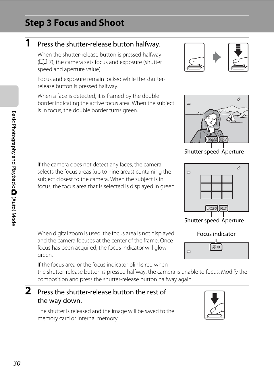 Step 3 focus and shoot, A 30), Press the shutter-release button halfway | Nikon S6100 User Manual | Page 42 / 216