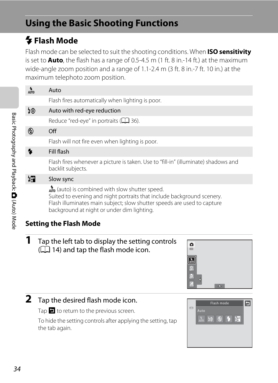 Using the basic shooting functions, Flash mode, M flash mode | A 34) | Nikon S6100 User Manual | Page 46 / 216