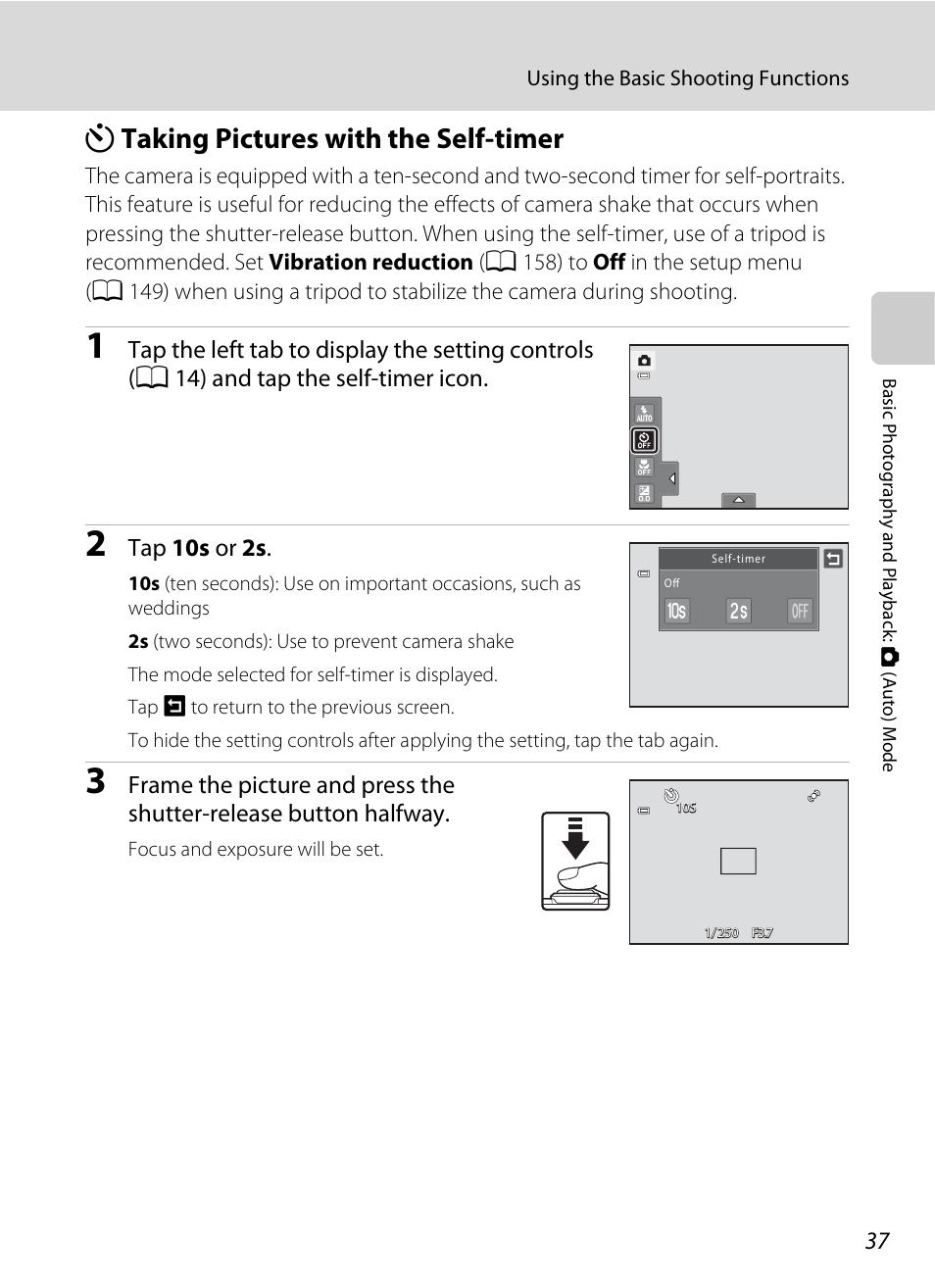 Taking pictures with the self-timer, N taking pictures with the self-timer, Tap 10s or 2s | Nikon S6100 User Manual | Page 49 / 216