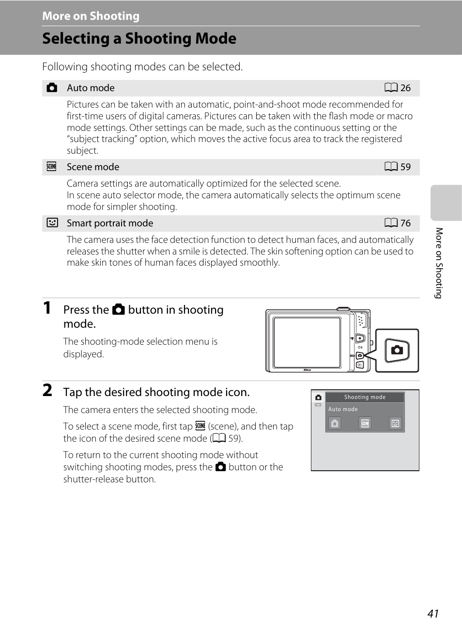 More on shooting, Selecting a shooting mode, Modes | A 41) | Nikon S6100 User Manual | Page 53 / 216