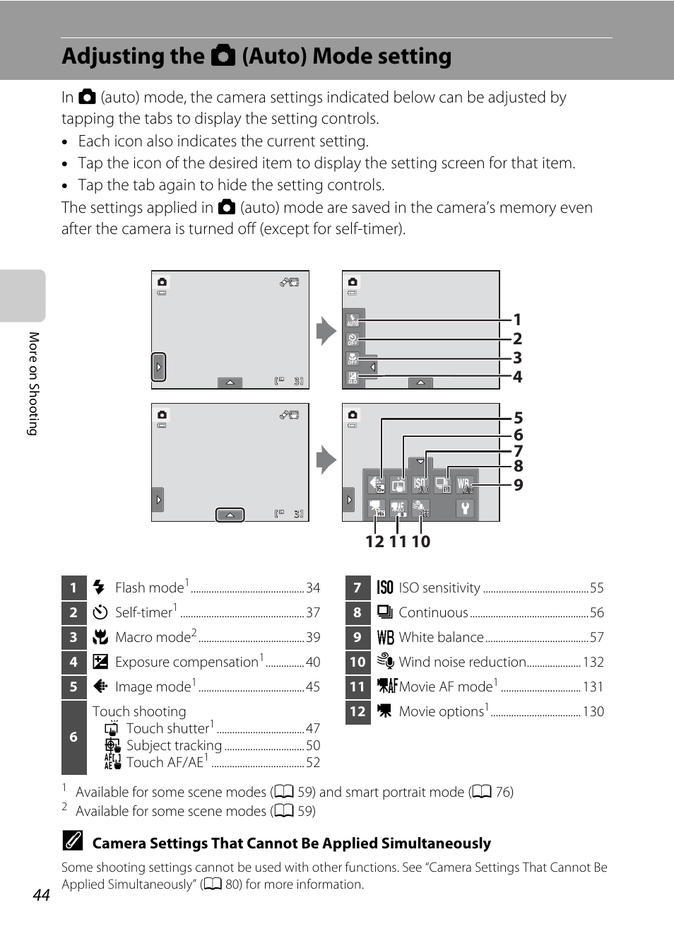 Adjusting the auto mode setting, Adjusting the a (auto) mode setting, A 44) ca | Nikon S6100 User Manual | Page 56 / 216
