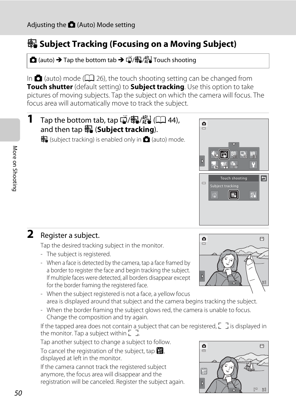 Subject tracking (focusing on a moving subject), S subject tracking (focusing on a moving subject), A 50 | A 50) | Nikon S6100 User Manual | Page 62 / 216