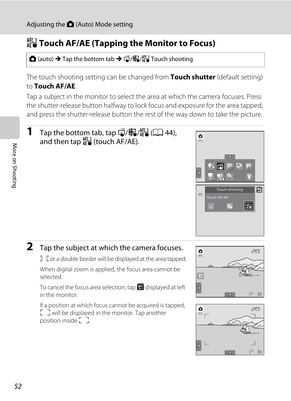 Touch af/ae (tapping the monitor to focus), R touch af/ae (tapping the monitor to focus), A 52 | A 52). at | Nikon S6100 User Manual | Page 64 / 216