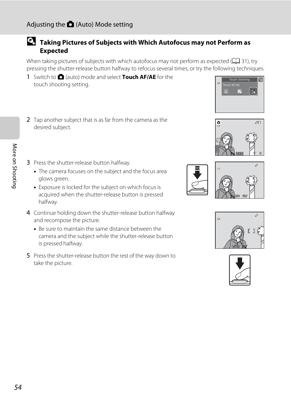 A 54), Adjusting the a (auto) mode setting | Nikon S6100 User Manual | Page 66 / 216