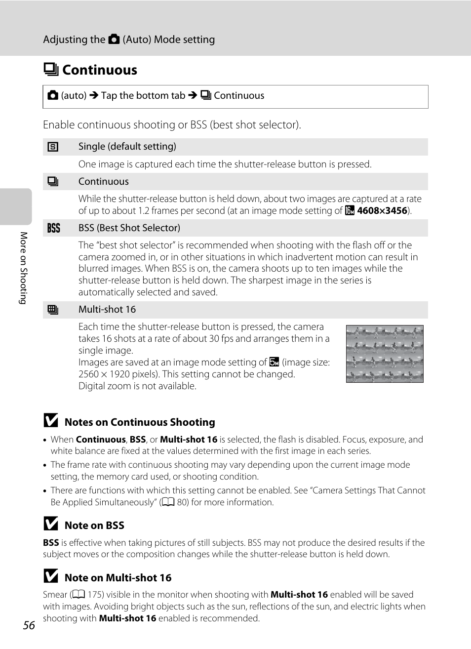 Continuous, C continuous, A 56 | A 56) | Nikon S6100 User Manual | Page 68 / 216