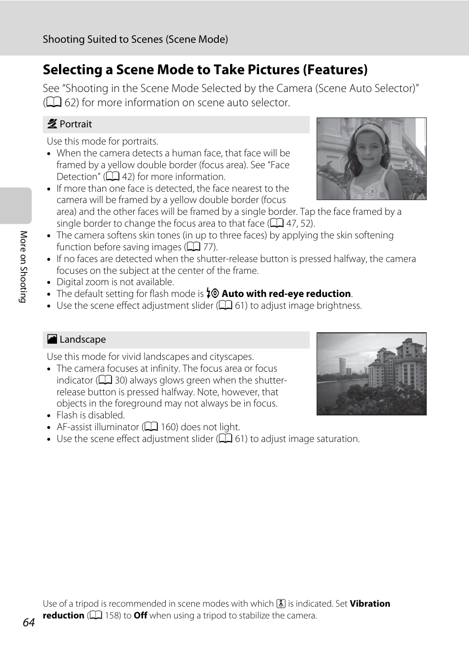 Selecting a scene mode to take pictures (features), A 64) f | Nikon S6100 User Manual | Page 76 / 216