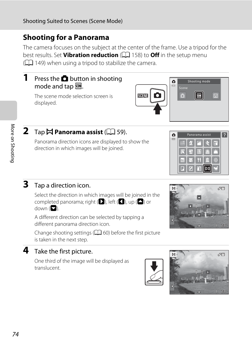 Shooting for a panorama, Re. see “shooting for a panorama, A 74) f | Nikon S6100 User Manual | Page 86 / 216