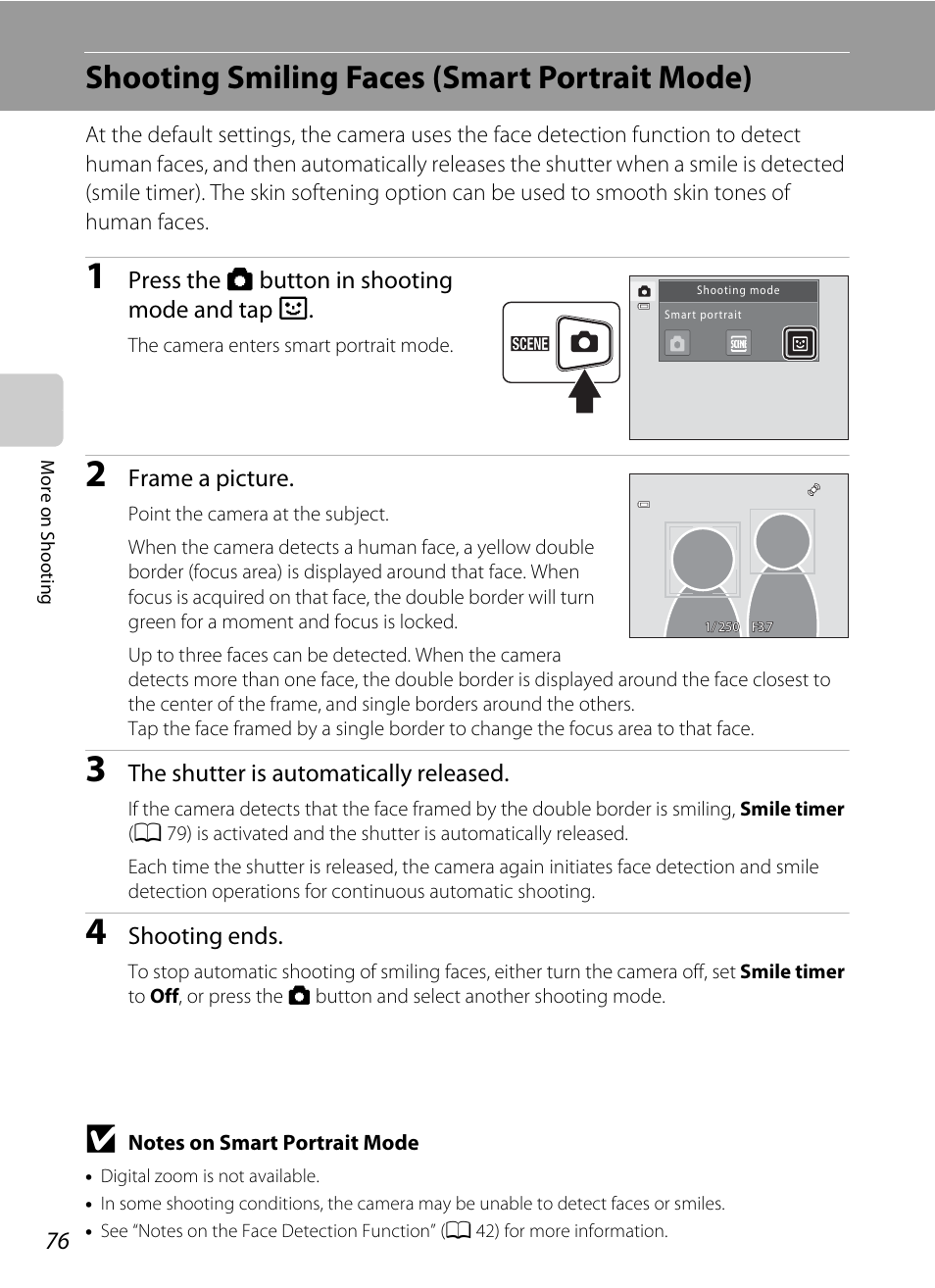 Shooting smiling faces (smart portrait mode), A 76, A 76) | Nikon S6100 User Manual | Page 88 / 216