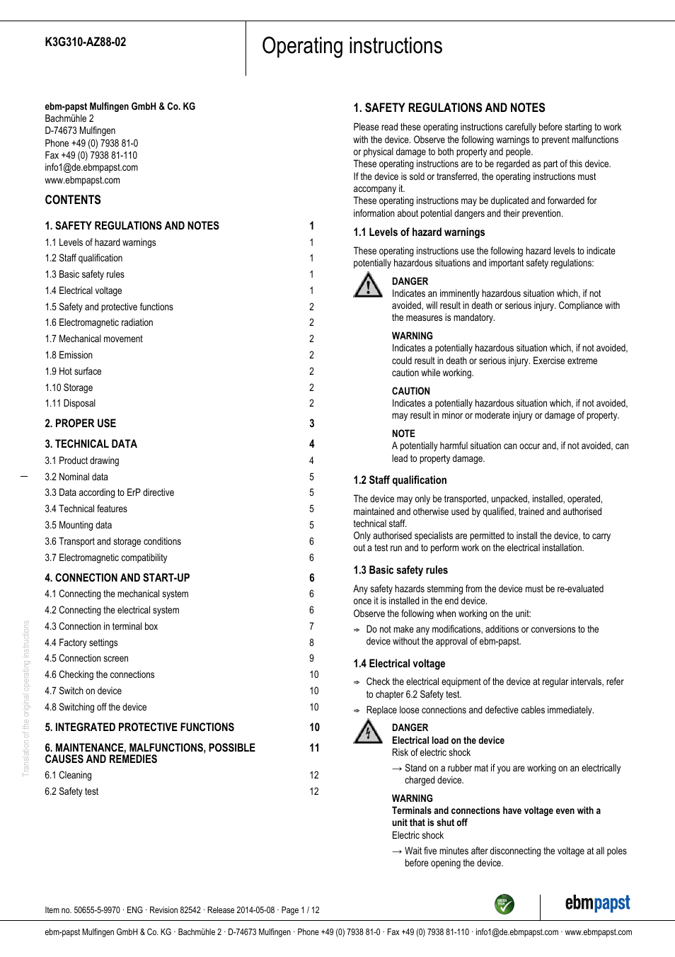 ebm-papst K3G310-AZ88-02 User Manual | 12 pages