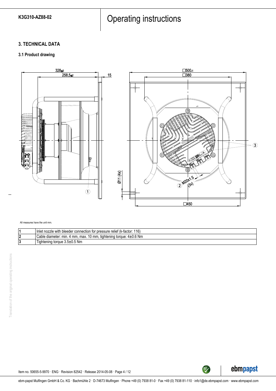 Operating instructions | ebm-papst K3G310-AZ88-02 User Manual | Page 4 / 12