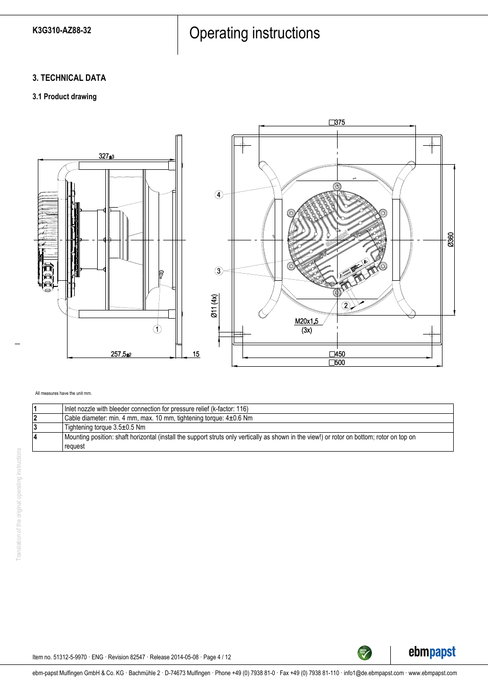 Operating instructions | ebm-papst K3G310-AZ88-32 User Manual | Page 4 / 12