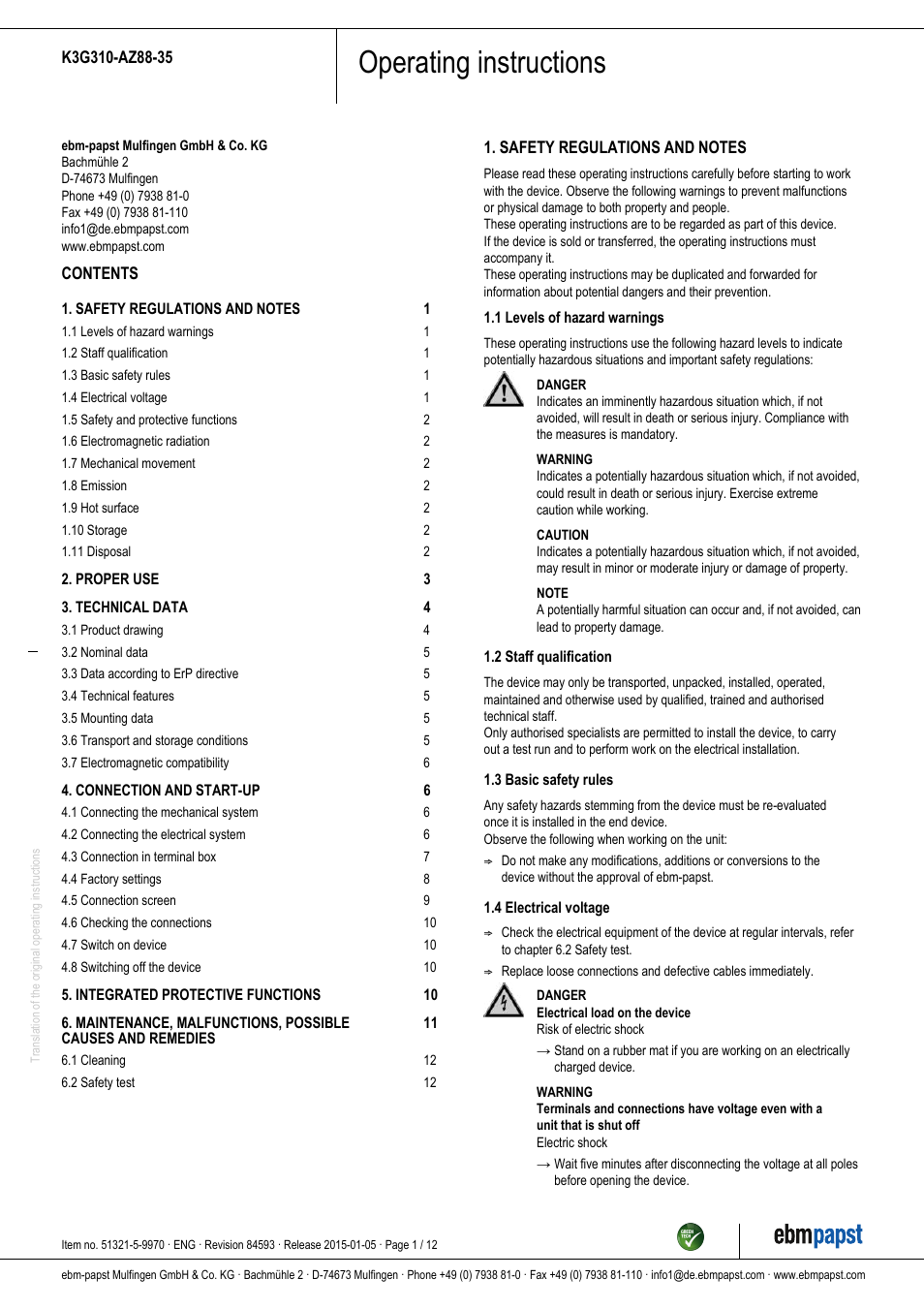 ebm-papst K3G310-AZ88-35 User Manual | 12 pages