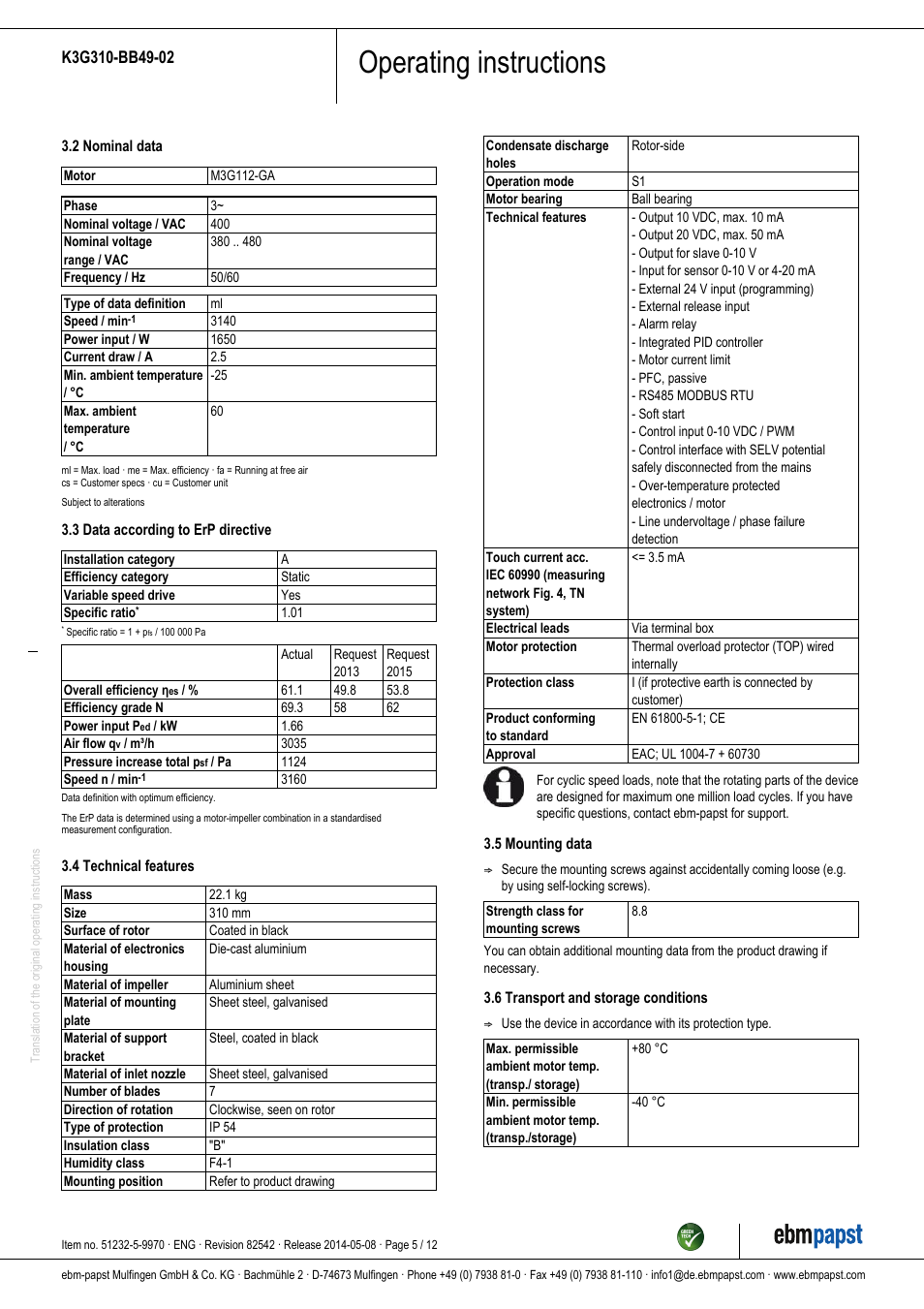 Operating instructions | ebm-papst K3G310-BB49-02 User Manual | Page 5 / 12