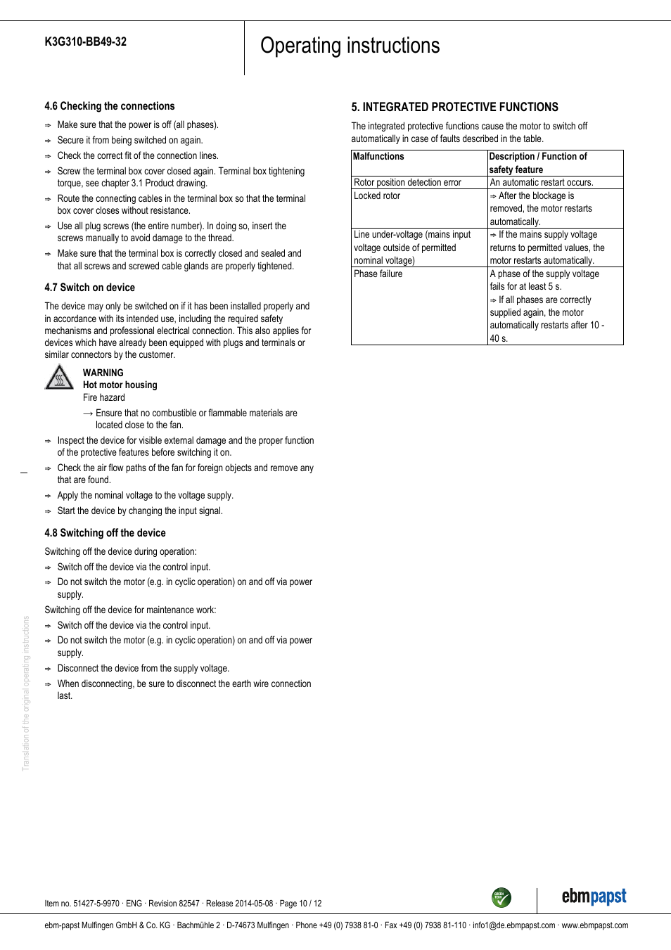 Operating instructions | ebm-papst K3G310-BB49-32 User Manual | Page 10 / 12