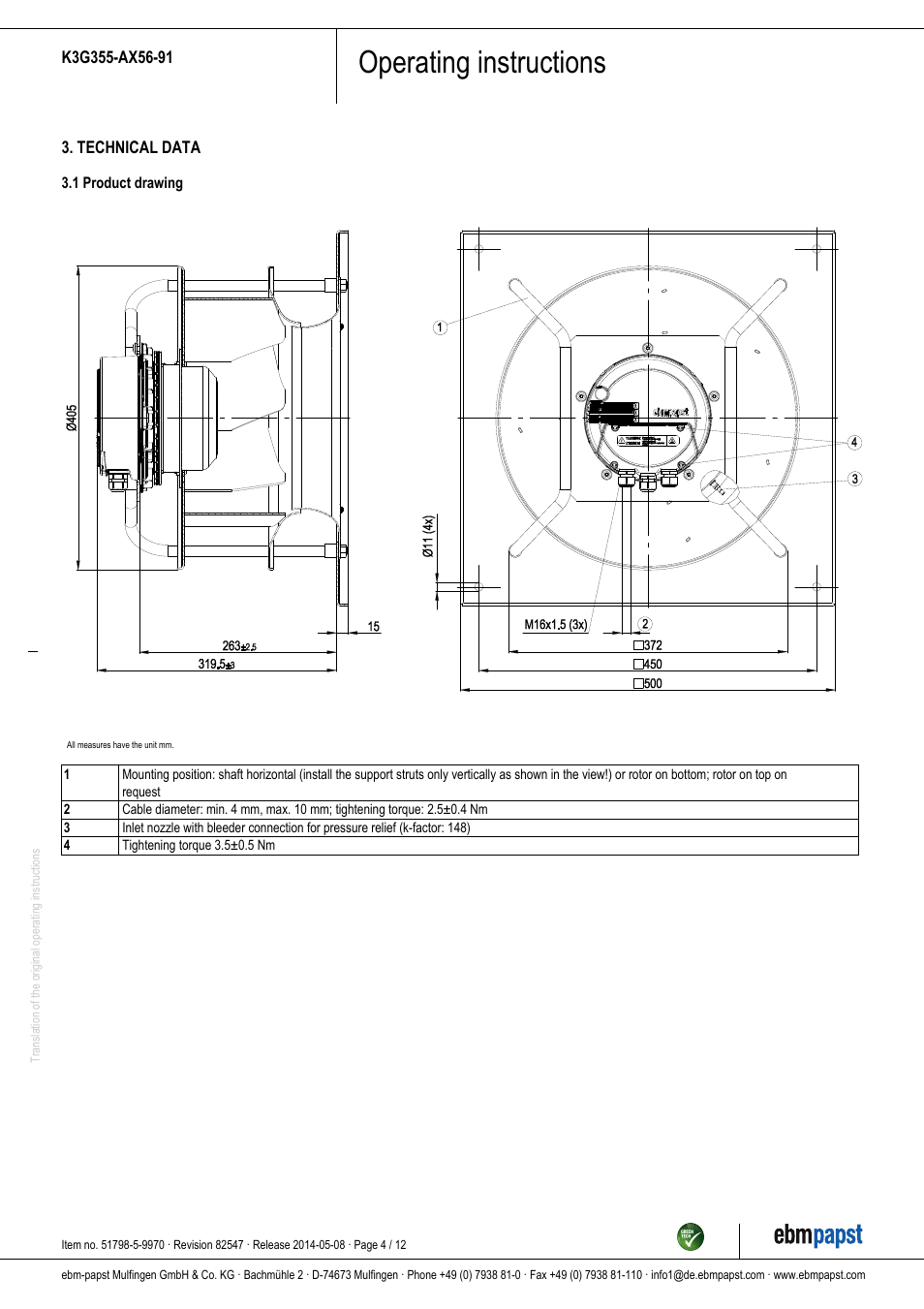 Operating instructions | ebm-papst K3G355-AX56-91 User Manual | Page 4 / 12