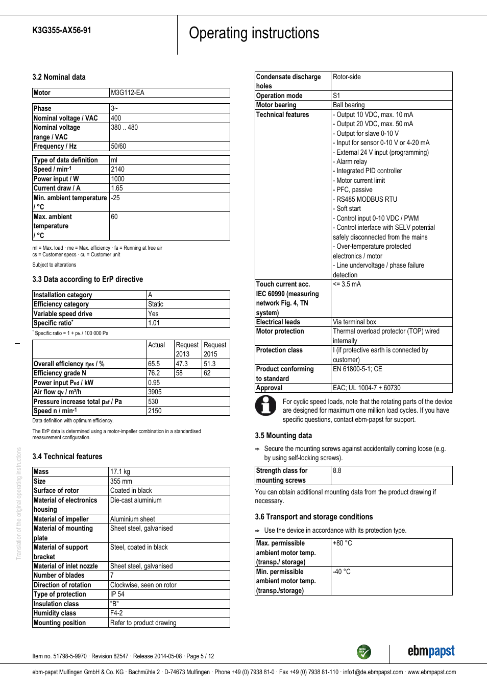Operating instructions | ebm-papst K3G355-AX56-91 User Manual | Page 5 / 12