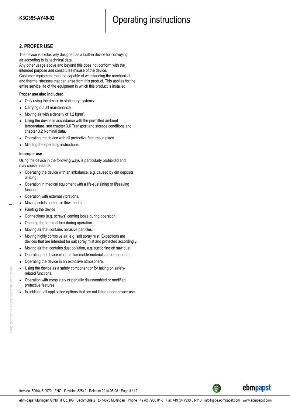 Operating instructions, Proper use | ebm-papst K3G355-AY40-02 User Manual | Page 3 / 12
