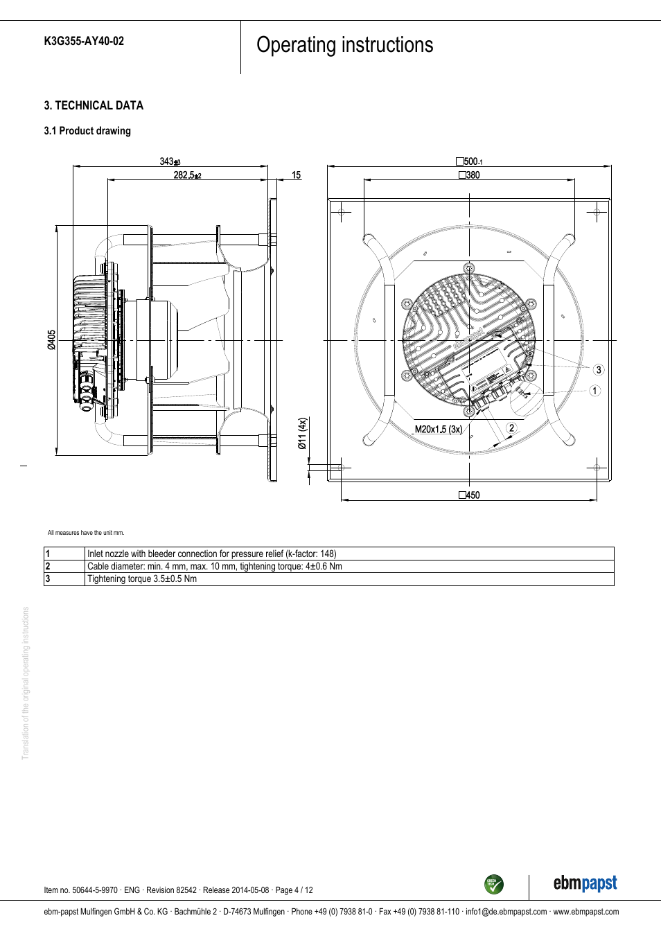 Operating instructions | ebm-papst K3G355-AY40-02 User Manual | Page 4 / 12