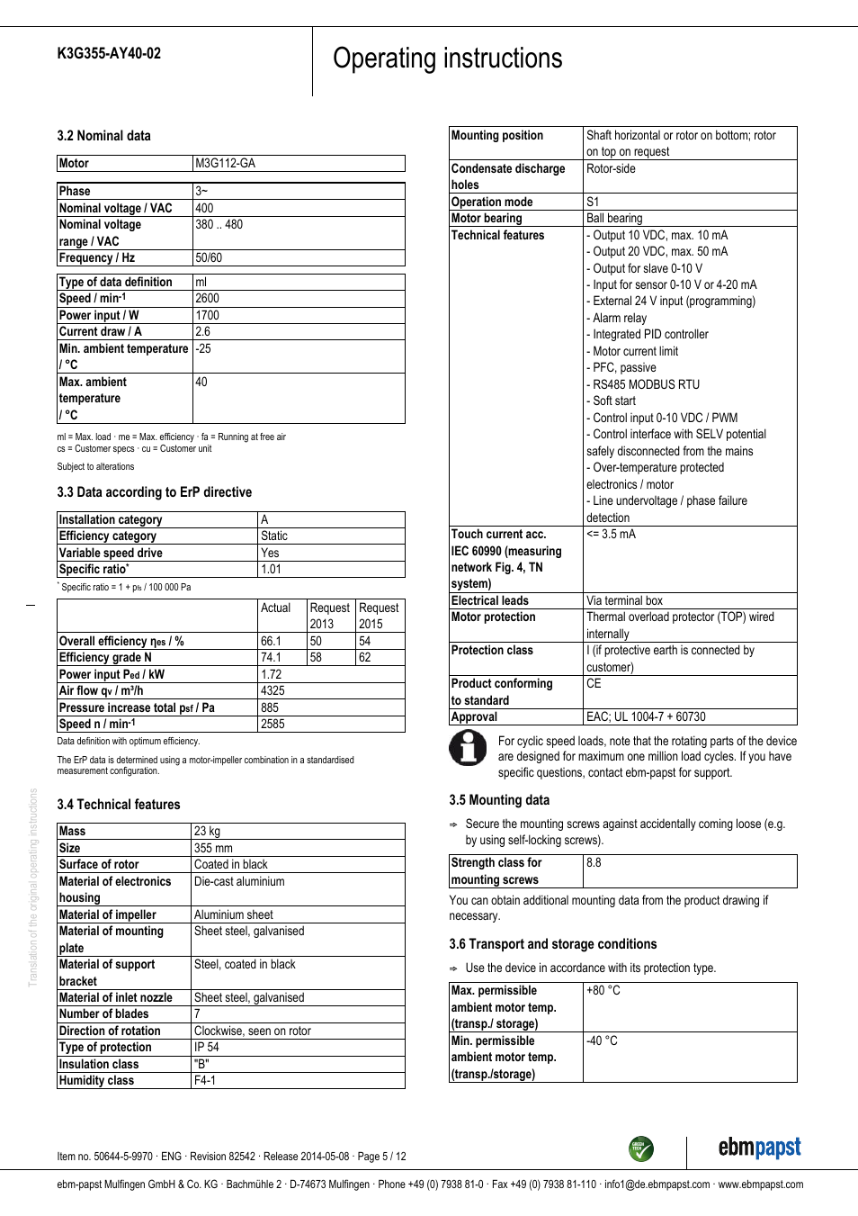 Operating instructions | ebm-papst K3G355-AY40-02 User Manual | Page 5 / 12