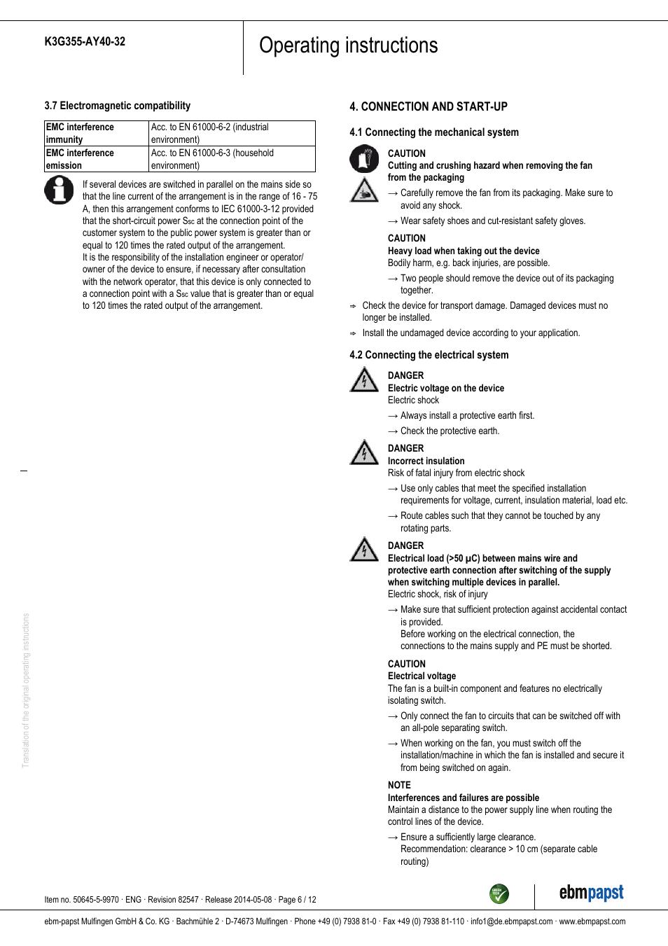 Operating instructions | ebm-papst K3G355-AY40-32 User Manual | Page 6 / 12