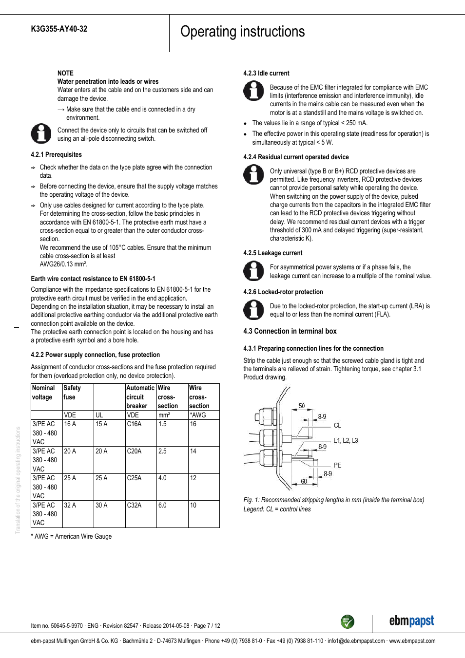 Operating instructions | ebm-papst K3G355-AY40-32 User Manual | Page 7 / 12