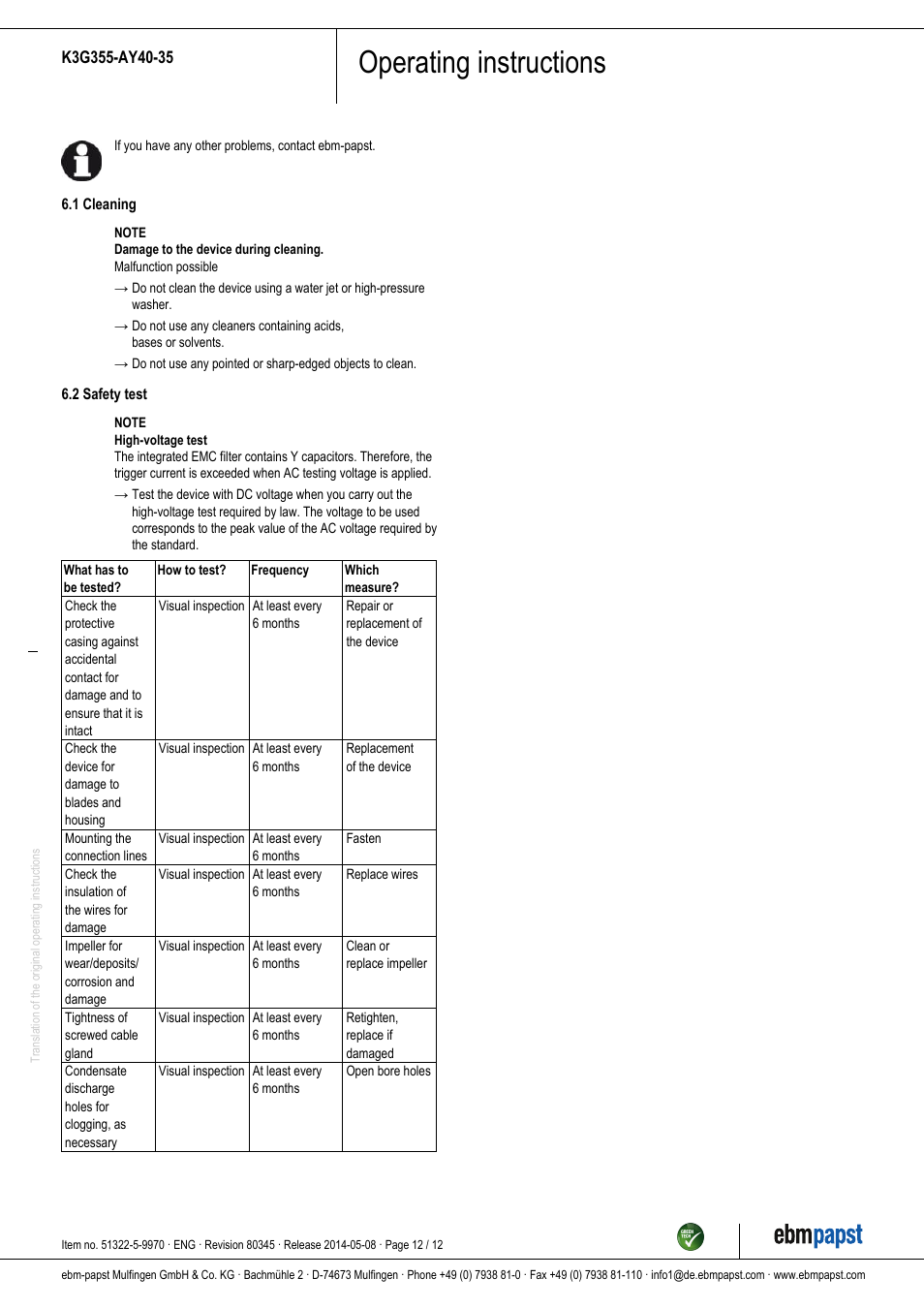 Operating instructions | ebm-papst K3G355-AY40-35 User Manual | Page 12 / 12