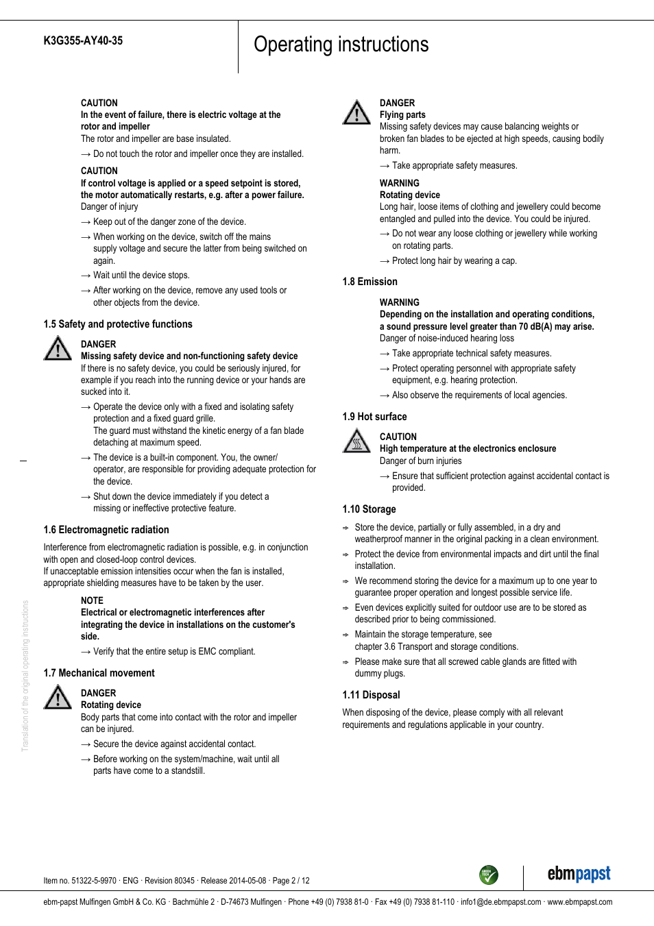 Operating instructions | ebm-papst K3G355-AY40-35 User Manual | Page 2 / 12