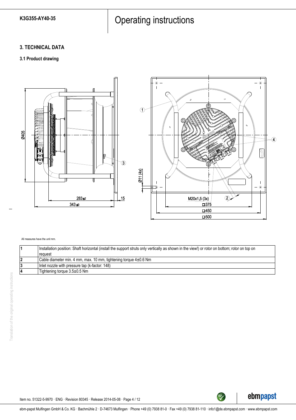 Operating instructions | ebm-papst K3G355-AY40-35 User Manual | Page 4 / 12