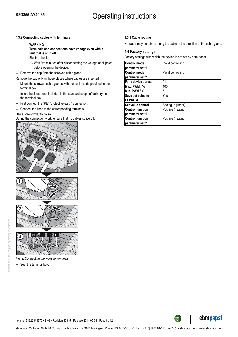 Operating instructions | ebm-papst K3G355-AY40-35 User Manual | Page 8 / 12