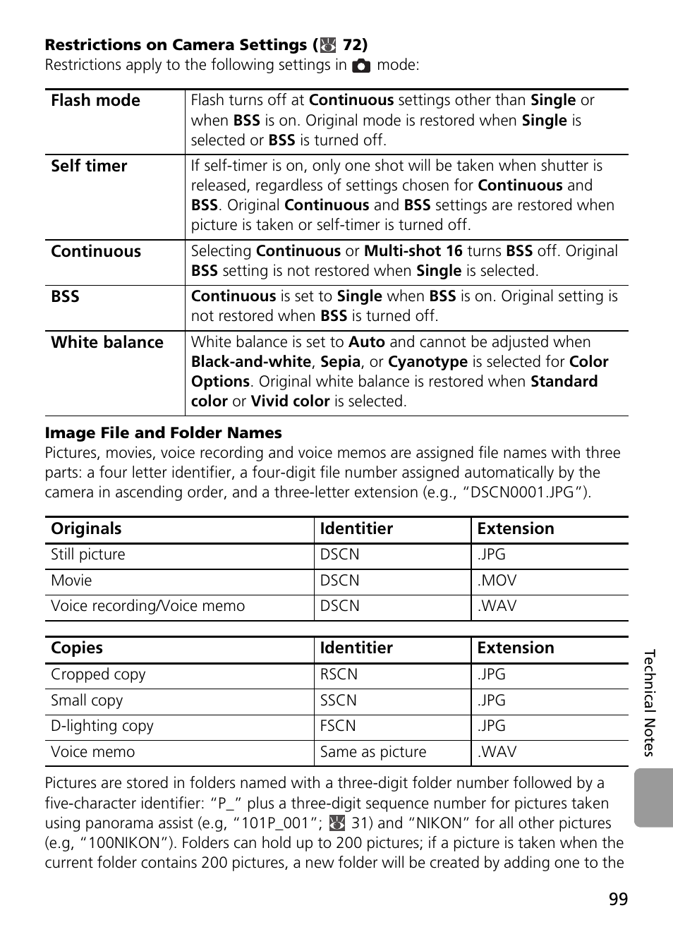 Restrictions on camera settings ( 72), Image file and folder names, 99) fr | Nikon L2 - L3 User Manual | Page 111 / 120