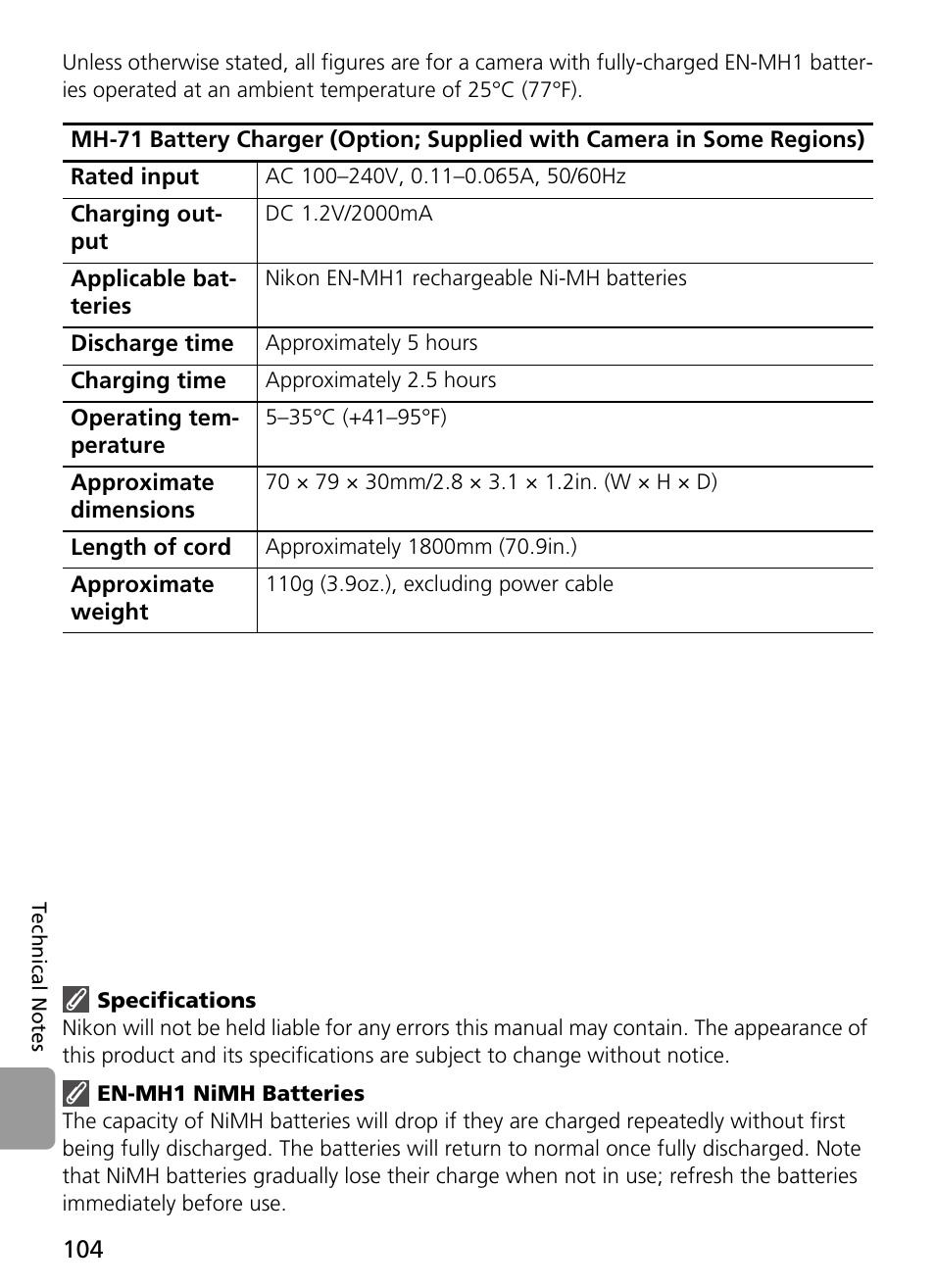 Specifications, En-mh1 nimh batteries | Nikon L2 - L3 User Manual | Page 116 / 120