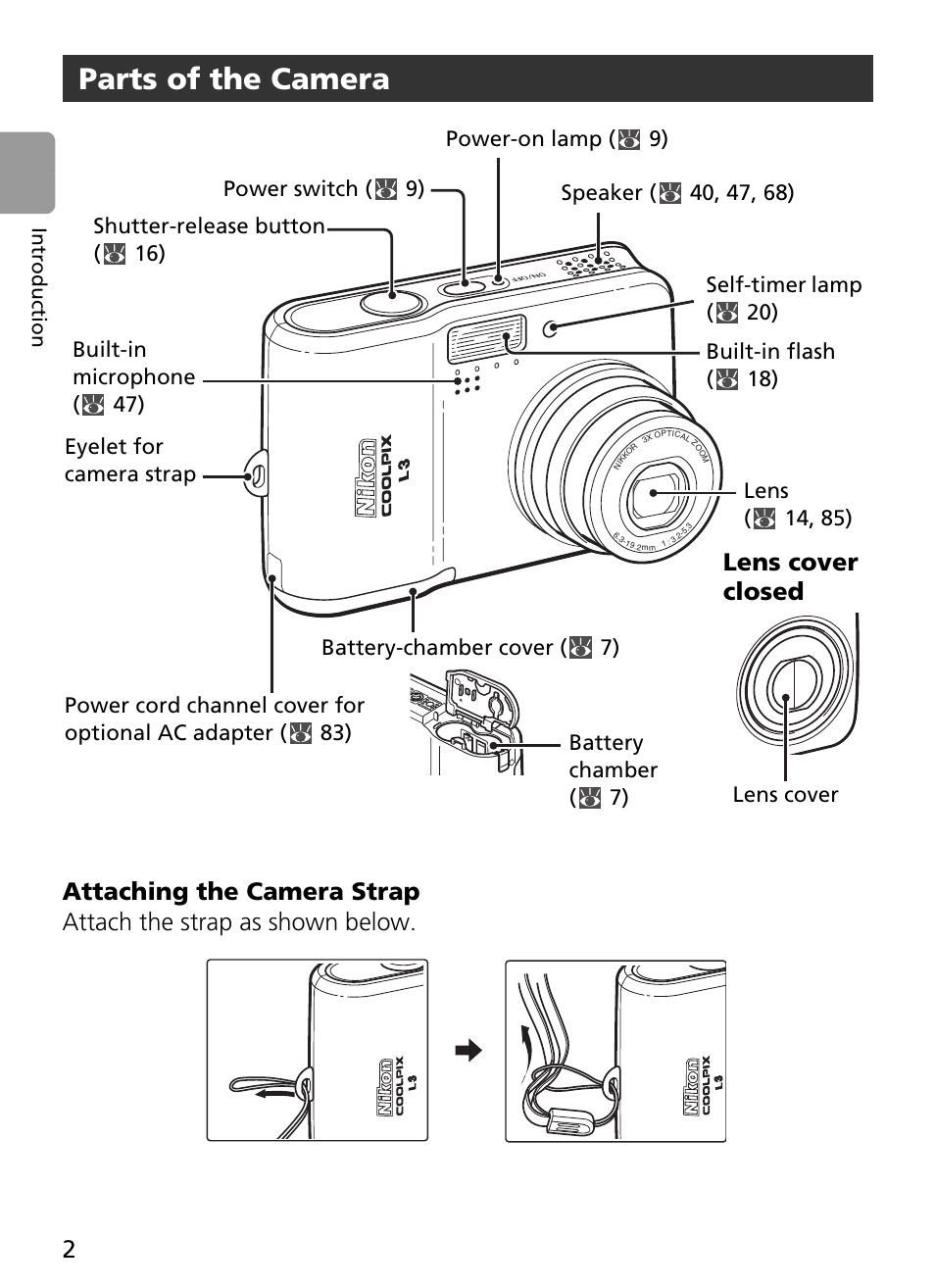 Attach the strap as shown below, Parts of the camera, Lens cover closed | Int rod uct ion | Nikon L2 - L3 User Manual | Page 14 / 120