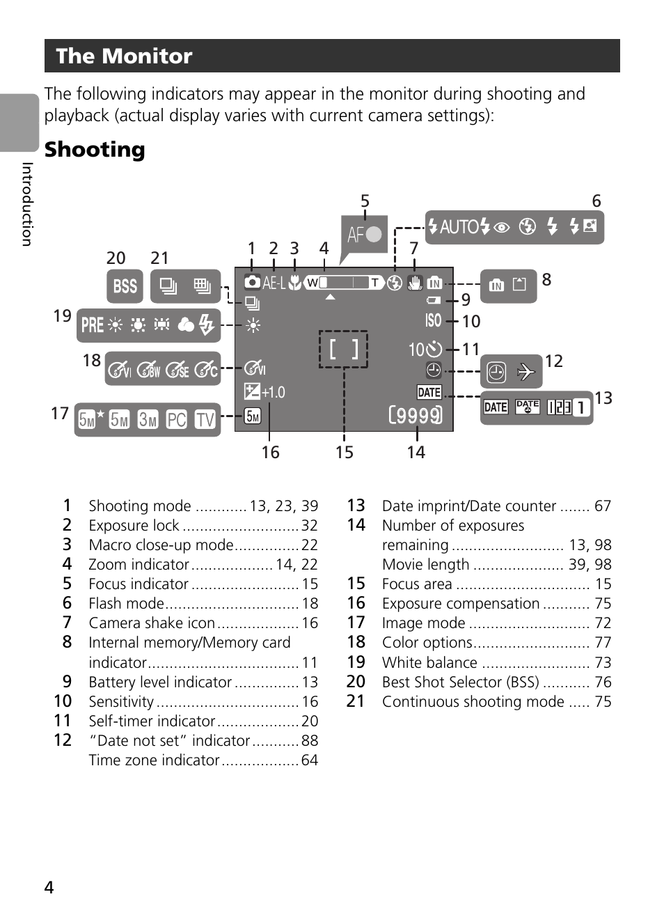 1 shooting mode 13, 23, 39, 2 exposure lock 32, 3 macro close-up mode 22 | 4 zoom indicator 14, 22, 5 focus indicator 15, 6 flash mode 18, 7 camera shake icon 16, 8 internal memory/memory card indicator 11, 9 battery level indicator 13, 10 sensitivity 16 | Nikon L2 - L3 User Manual | Page 16 / 120