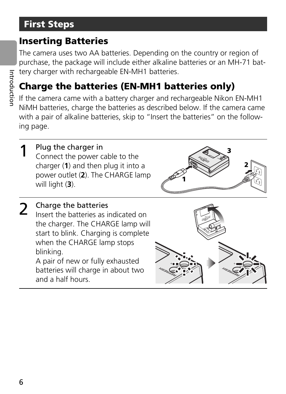 1 plug the charger in, 2 charge the batteries, First steps | Nikon L2 - L3 User Manual | Page 18 / 120