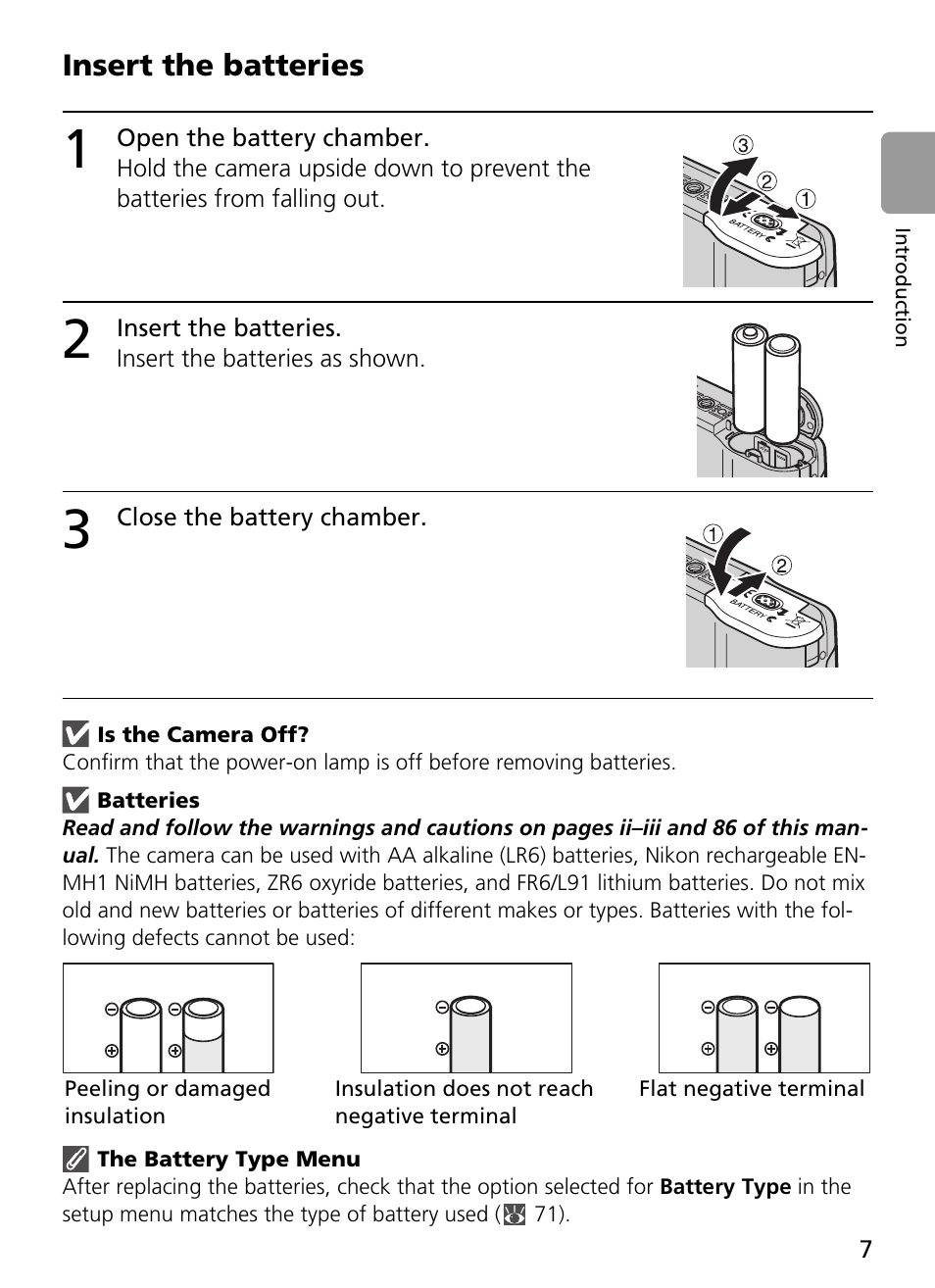 1 open the battery chamber, 2 insert the batteries, 3 close the battery chamber | Insert the batteries | Nikon L2 - L3 User Manual | Page 19 / 120