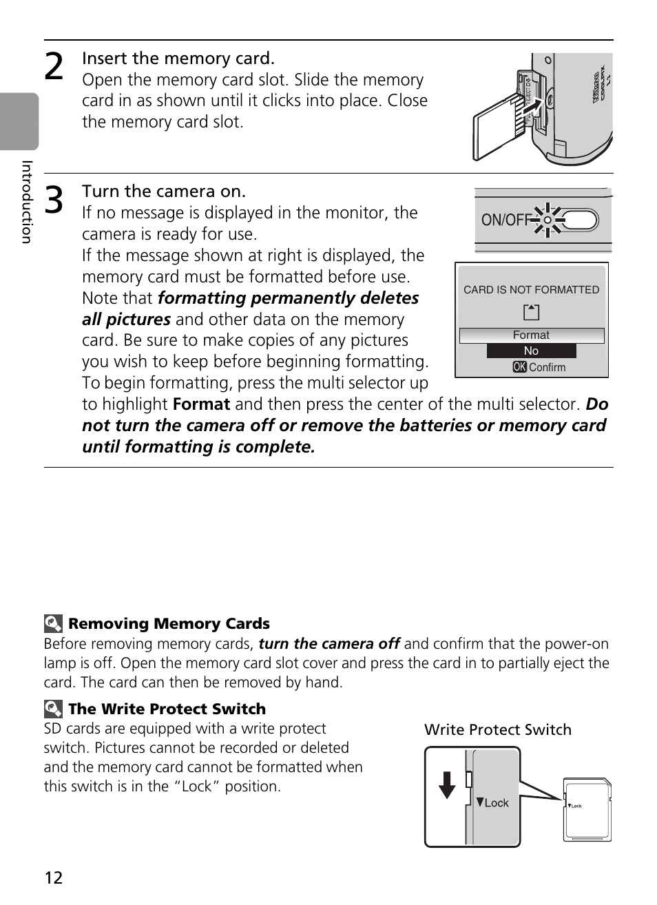 2 insert the memory card, 3 turn the camera on | Nikon L2 - L3 User Manual | Page 24 / 120