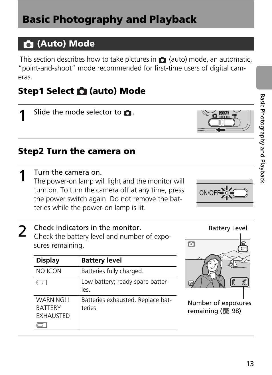 Basic photography and playback, 1 slide the mode selector to, 1 turn the camera on | 2 check indicators in the monitor, Display, Battery level, Auto) mode, Step1 select, Step2 turn the camera on | Nikon L2 - L3 User Manual | Page 25 / 120