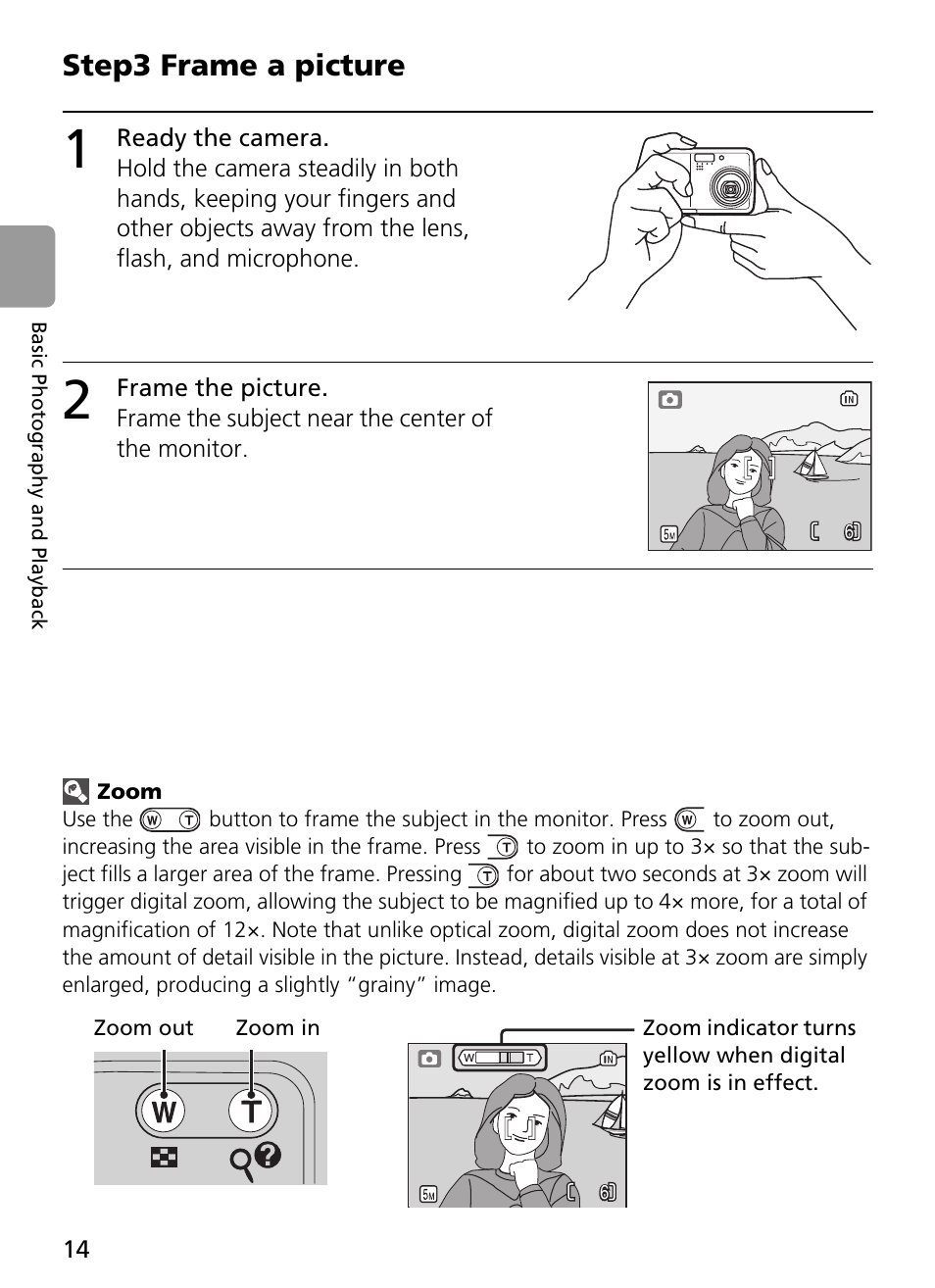 1 ready the camera, 2 frame the picture, Zoom | Step3 frame a picture | Nikon L2 - L3 User Manual | Page 26 / 120