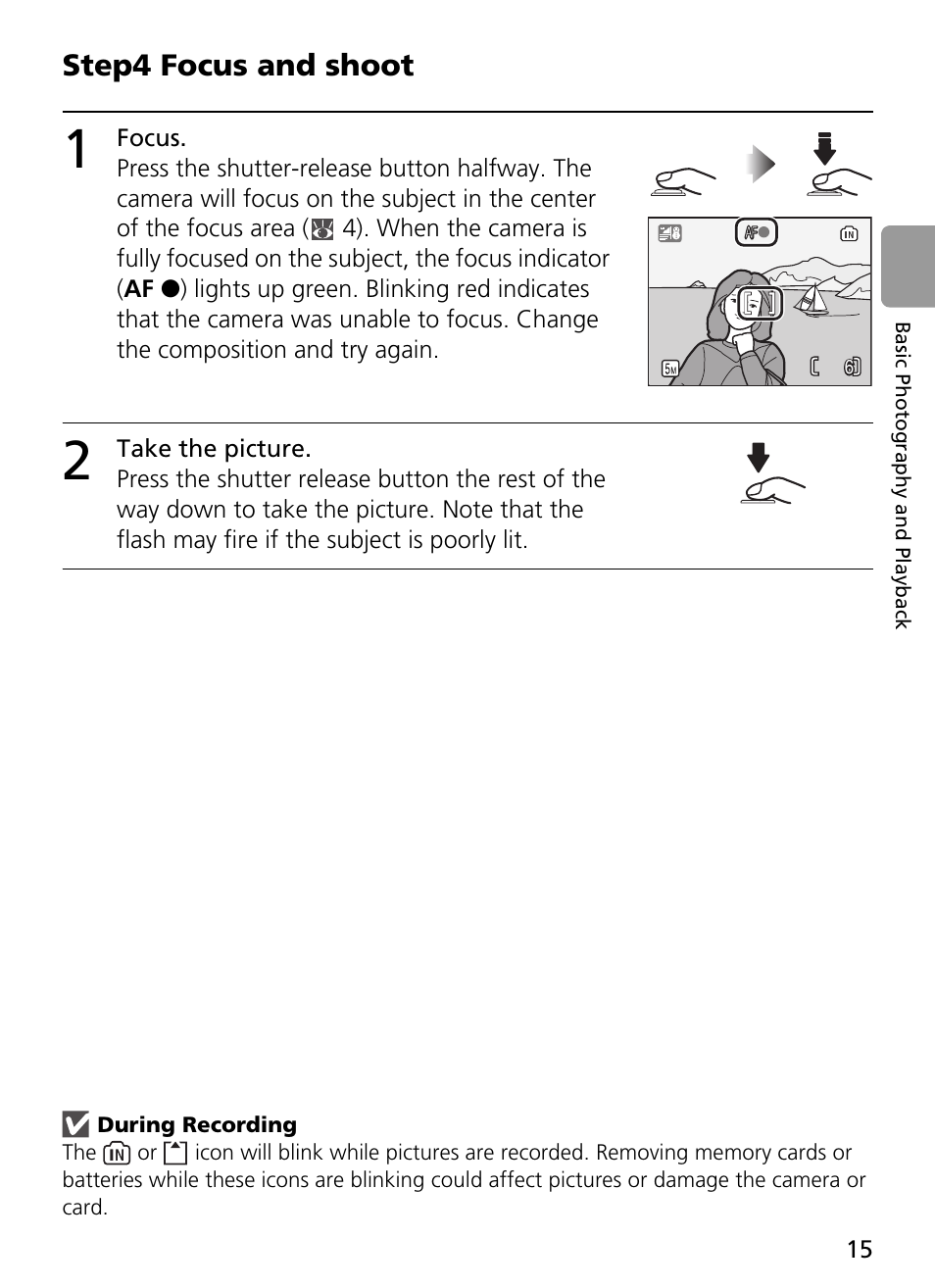 1 focus, 2 take the picture, During recording | Step4 focus and shoot | Nikon L2 - L3 User Manual | Page 27 / 120