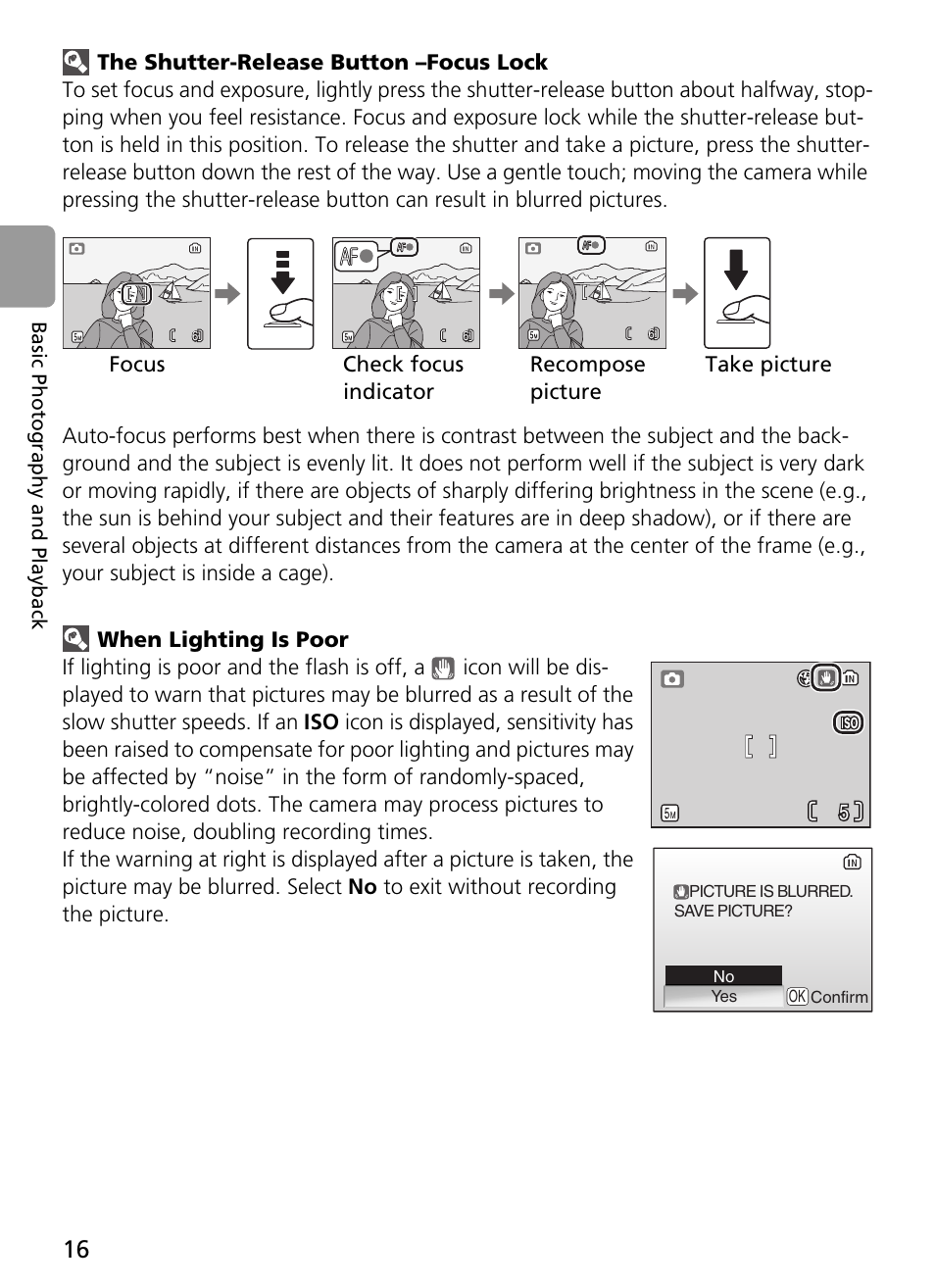 The shutter-release button -focus lock, When lighting is poor | Nikon L2 - L3 User Manual | Page 28 / 120