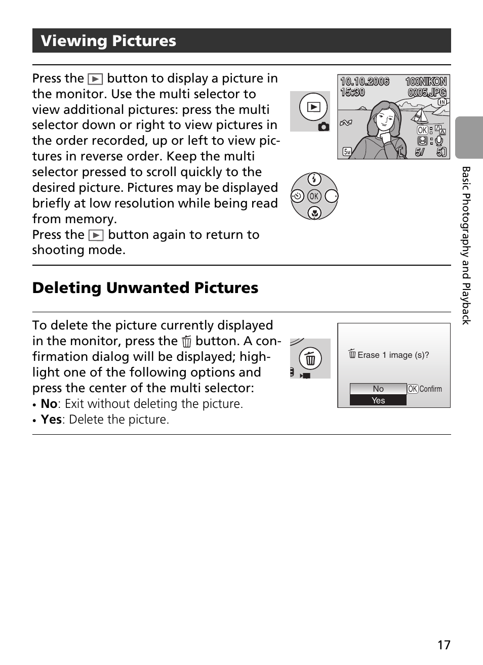 Viewing pictures, Deleting unwanted pictures, No : exit without deleting the picture | Yes : delete the picture | Nikon L2 - L3 User Manual | Page 29 / 120