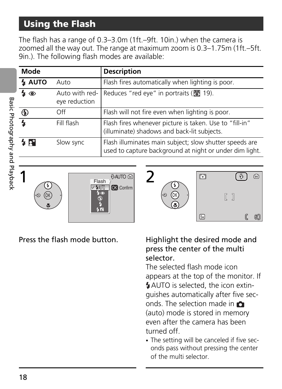 Mode, Description, Using the flash | Nikon L2 - L3 User Manual | Page 30 / 120