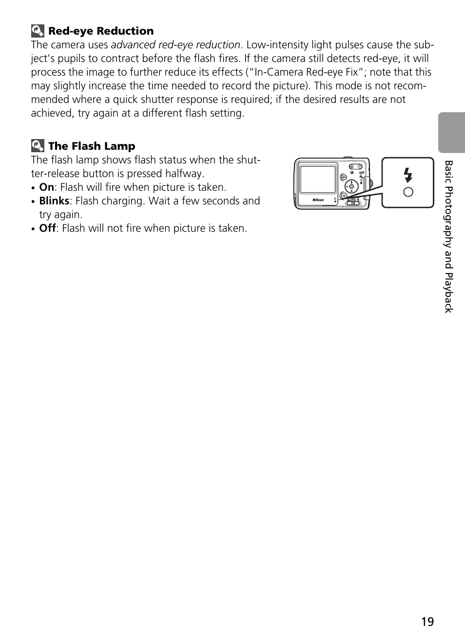 Red-eye reduction, The flash lamp | Nikon L2 - L3 User Manual | Page 31 / 120